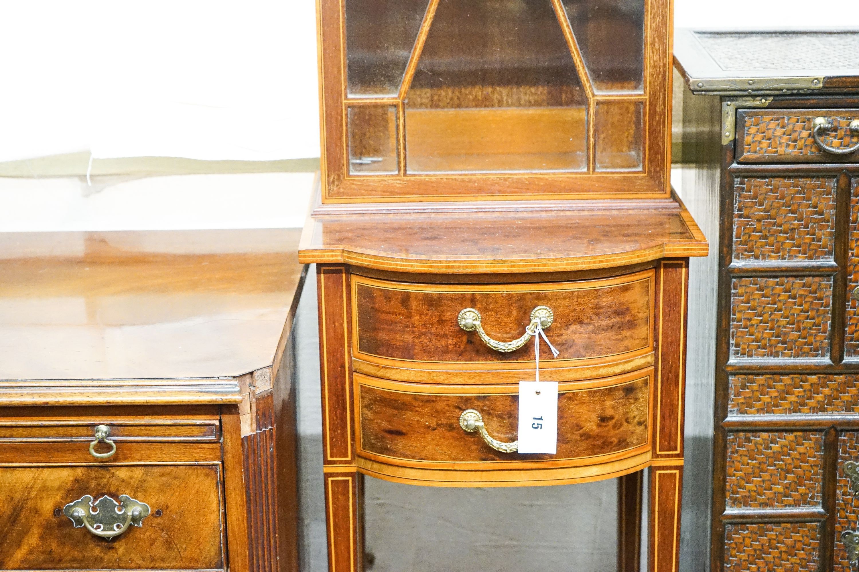 An Edwardian satinwood banded narrow mahogany display cabinet, width 38cm, depth 38cm, height 186cm